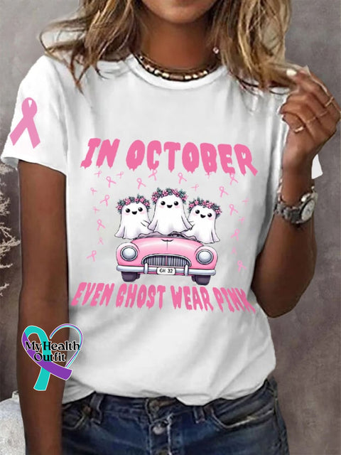 Women’s In October Even Ghost Wear Pink Halloween Boo Breast Cancer Awareness Warrior Tee White / S