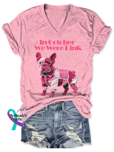 Women’s In October I Wear Pink Breast Cancer Awareness Art V-neck Casual T-Shirt Pink / S