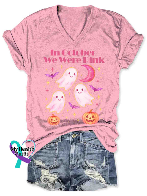 Women’s In October I Wear Pink Breast Cancer Awareness Art V-neck Casual T-Shirt Pink / S