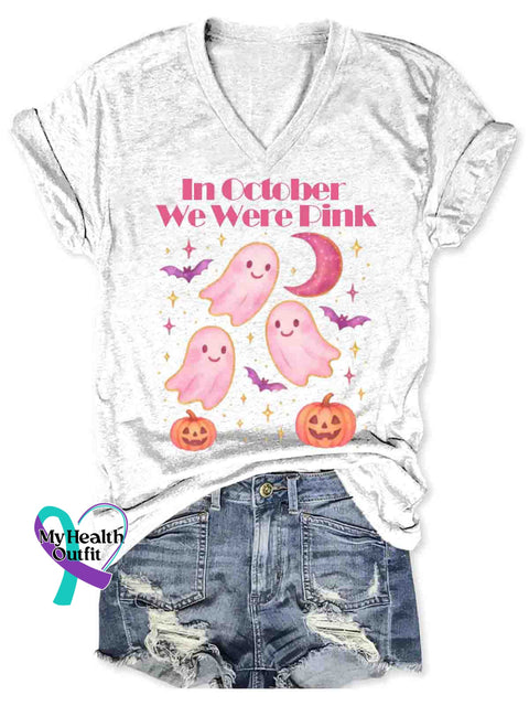 Women’s In October I Wear Pink Breast Cancer Awareness Art V-neck Casual T-Shirt White / S