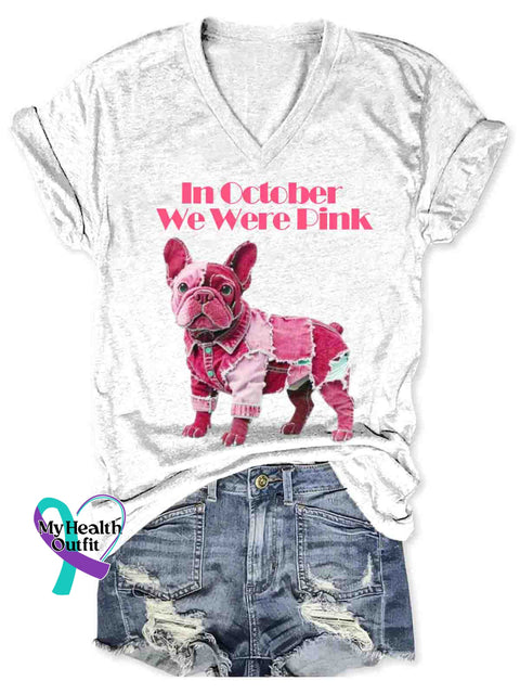 Women’s In October I Wear Pink Breast Cancer Awareness Art V-neck Casual T-Shirt White / S