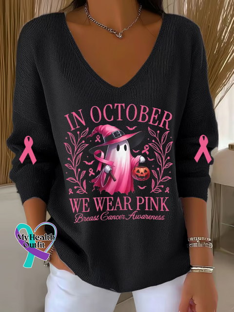 Women’s IN OCTOBER WE WEAR PINK Breast Cancer Awareness Casual Pullover Sweater Black / S