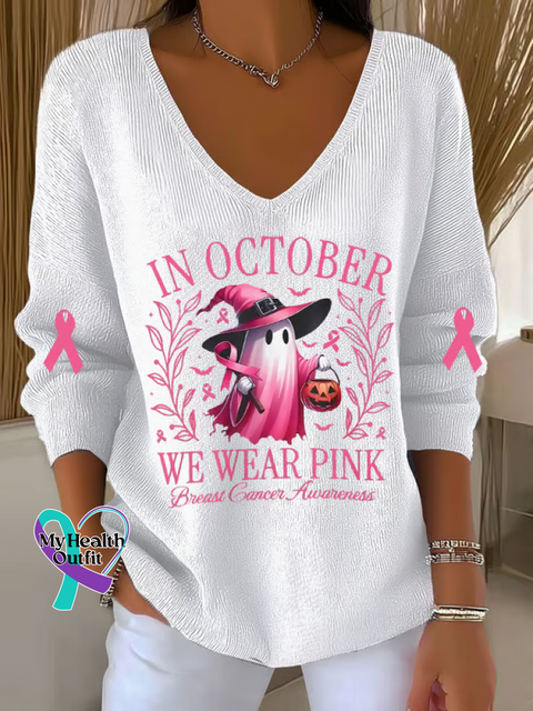 Women’s IN OCTOBER WE WEAR PINK Breast Cancer Awareness Casual Pullover Sweater White / S