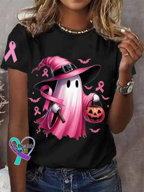 Women’s In October We Wear Pink Halloween Ghost Breast Cancer Awareness Tee Black / S