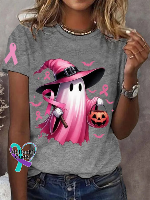 Women’s In October We Wear Pink Halloween Ghost Breast Cancer Awareness Tee Light Grey / S