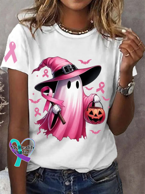 Women’s In October We Wear Pink Halloween Ghost Breast Cancer Awareness Tee White / S