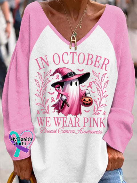 Women’s In October We Wear Pink Halloween Ghost Breast Cancer Awareness Warrior V-Neck Top