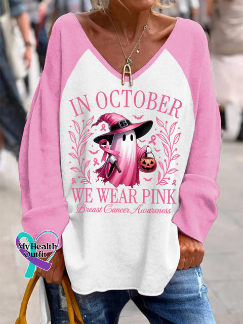 Women’s In October We Wear Pink Halloween Ghost Breast Cancer Awareness Warrior V-Neck Top / S