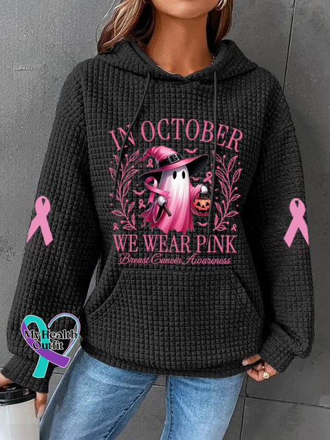 Women’s In October We Wear Pink Halloween Ghost Breast Cancer Awareness Warrior Waffle Hoodie