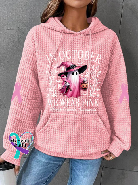 Women’s In October We Wear Pink Halloween Ghost Breast Cancer Awareness Warrior Waffle Hoodie / S