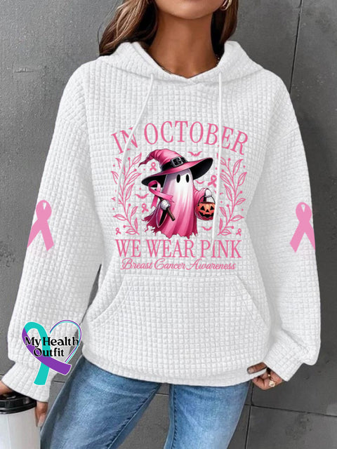 Women’s In October We Wear Pink Halloween Ghost Breast Cancer Awareness Warrior Waffle Hoodie