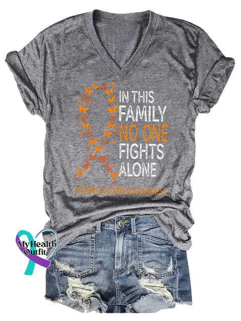 Women’s IN THIS FAMILY NO ONE FIGHTS ALONE Ms Awareness Multiple Sclerosis Warrior Multiple Sclerosis Orange Ribbon