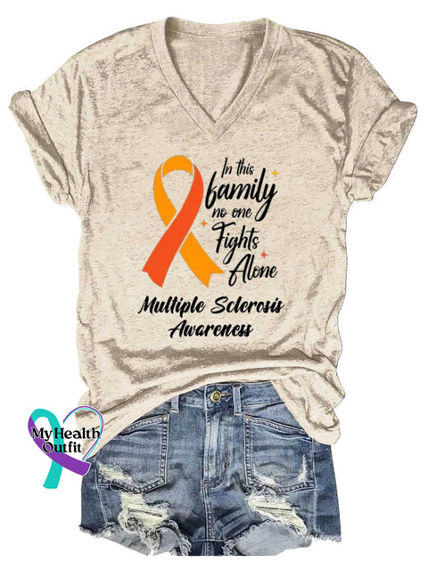 Women’s In This Family No One Fights Alone Ms Awareness Multiple Sclerosis Warrior Multiple Sclerosis Orange Ribbon