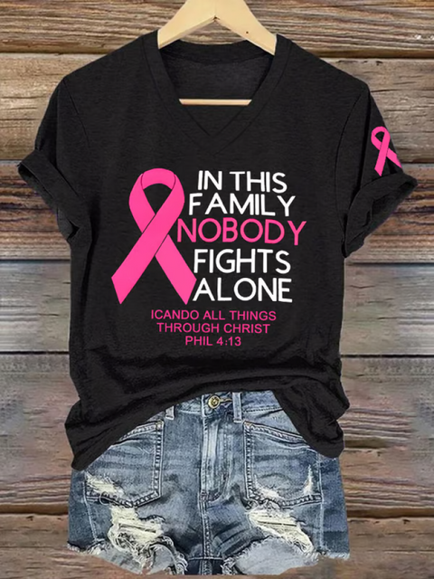 Women’s IN THIS FAMILY NOBODY FIGHTS ALONE ICANDO ALL THINGS THROUGH CHRIST PHIL 4:13 Breast Cancer Awareness V-neck