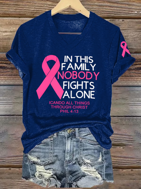 Women’s IN THIS FAMILY NOBODY FIGHTS ALONE ICANDO ALL THINGS THROUGH CHRIST PHIL 4:13 Breast Cancer Awareness V-neck