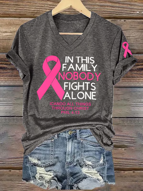 Women’s IN THIS FAMILY NOBODY FIGHTS ALONE ICANDO ALL THINGS THROUGH CHRIST PHIL 4:13 Breast Cancer Awareness V-neck