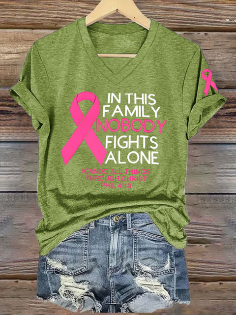 Women’s IN THIS FAMILY NOBODY FIGHTS ALONE ICANDO ALL THINGS THROUGH CHRIST PHIL 4:13 Breast Cancer Awareness V-neck