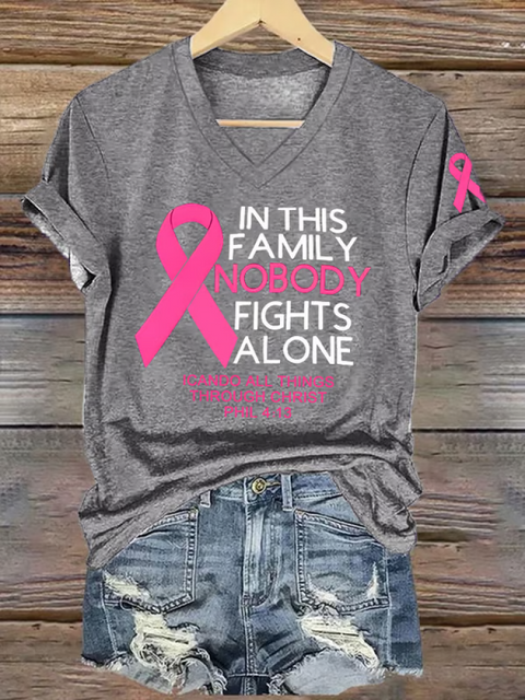 Women’s IN THIS FAMILY NOBODY FIGHTS ALONE ICANDO ALL THINGS THROUGH CHRIST PHIL 4:13 Breast Cancer Awareness V-neck