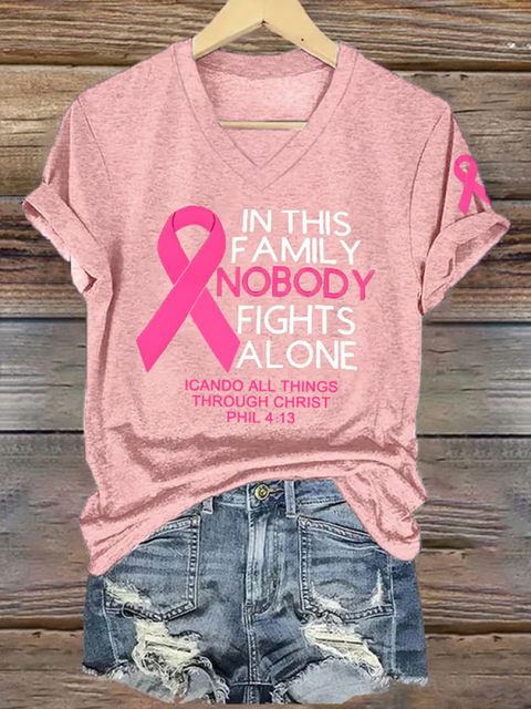 Women’s IN THIS FAMILY NOBODY FIGHTS ALONE ICANDO ALL THINGS THROUGH CHRIST PHIL 4:13 Breast Cancer Awareness V-neck