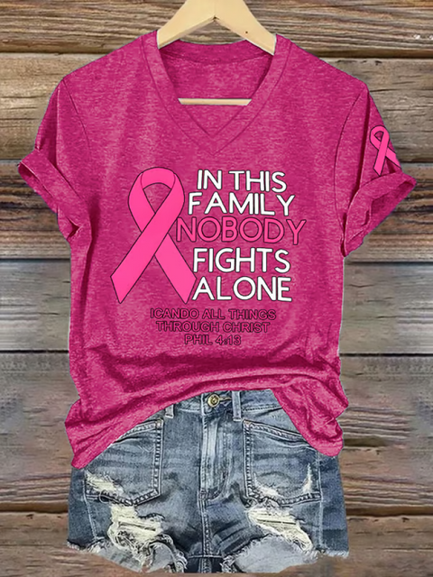 Women’s IN THIS FAMILY NOBODY FIGHTS ALONE ICANDO ALL THINGS THROUGH CHRIST PHIL 4:13 Breast Cancer Awareness V-neck