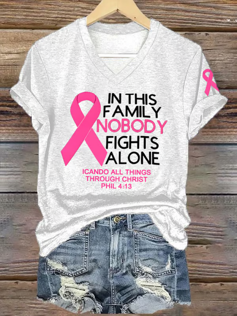 Women’s IN THIS FAMILY NOBODY FIGHTS ALONE ICANDO ALL THINGS THROUGH CHRIST PHIL 4:13 Breast Cancer Awareness V-neck