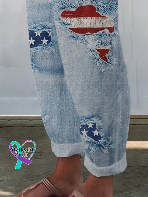 Women’s Independence Day Art Pattern Print Cotton And Linen Casual Pants