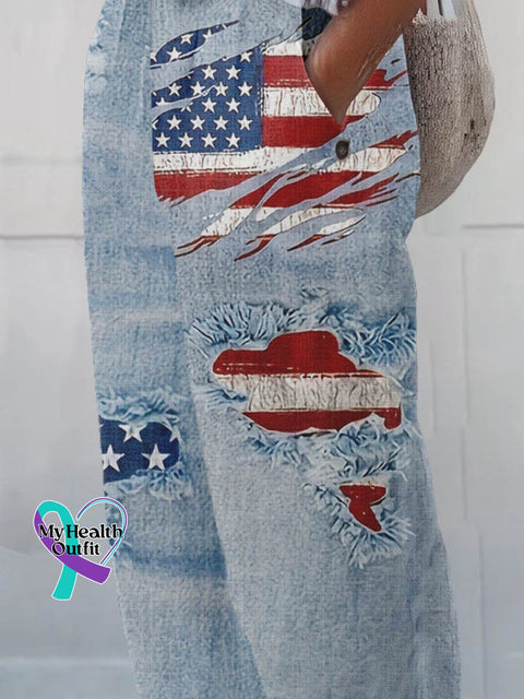 Women’s Independence Day Art Pattern Print Cotton And Linen Casual Pants