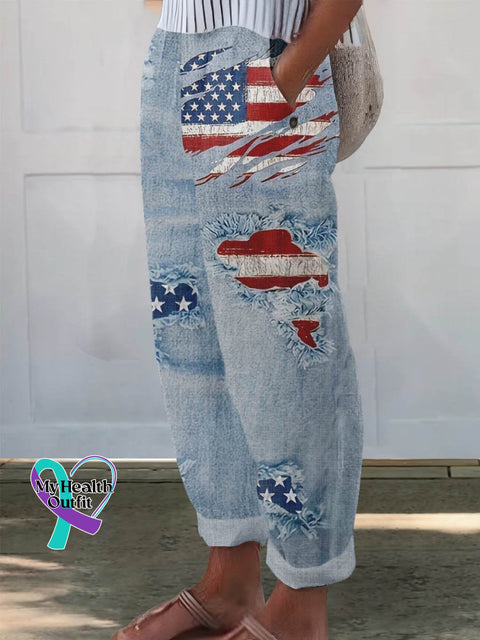 Women’s Independence Day Art Pattern Print Cotton And Linen Casual Pants Muilticolor / S