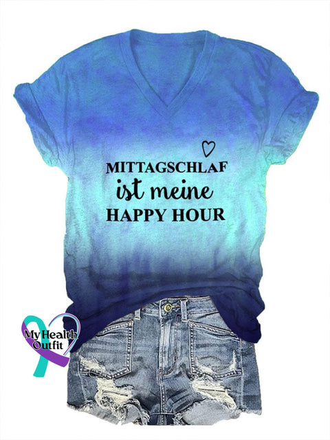 Women’s Inspirational Quotes Happy Hour Print V-Neck T-Shirt Blue / S