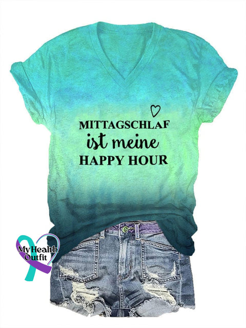 Women’s Inspirational Quotes Happy Hour Print V-Neck T-Shirt Water Blue / S