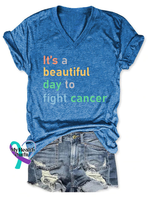 Women’s It’s A Beautiful Day To Fight Cancer Print Casual T-Shirt Blue / S