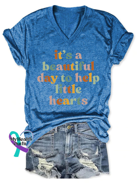 Women’s It’s A Beautiful Day To Help Little Hearts Print Casual T-Shirt Blue / S