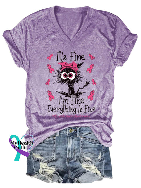 Women’s It’s Fine I’m Fine Everything Is Fine Breast Cancer Awareness V-neck Casual T-Shirt Purple / S