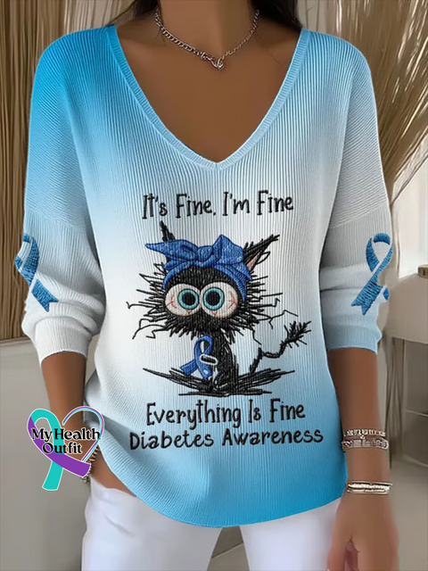 Women’s It’s Fine I’m Fine Everything Is Fine Diabetes Awareness Print V Neck Sweater Multicolor / S