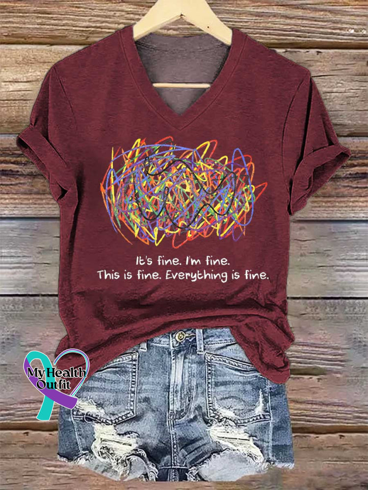 Women’s It’s Fine. I’m Fine. This Is Fine. Everything Is Fine. V-neck Casual T-Shirt Red / S