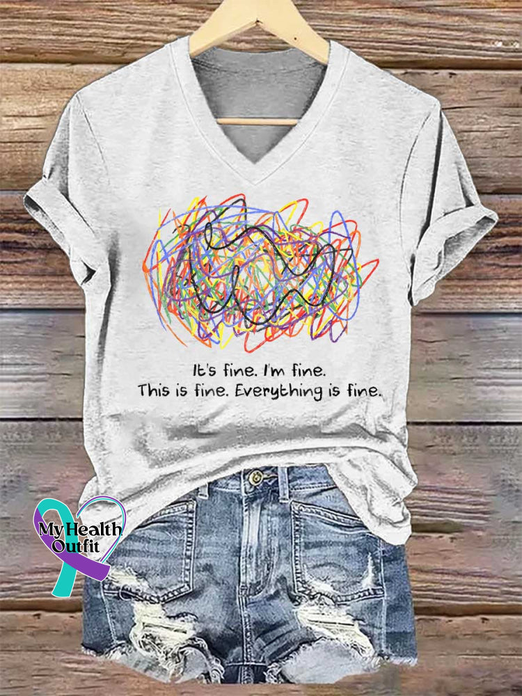 Women’s It’s Fine. I’m Fine. This Is Fine. Everything Is Fine. V-neck Casual T-Shirt White / S