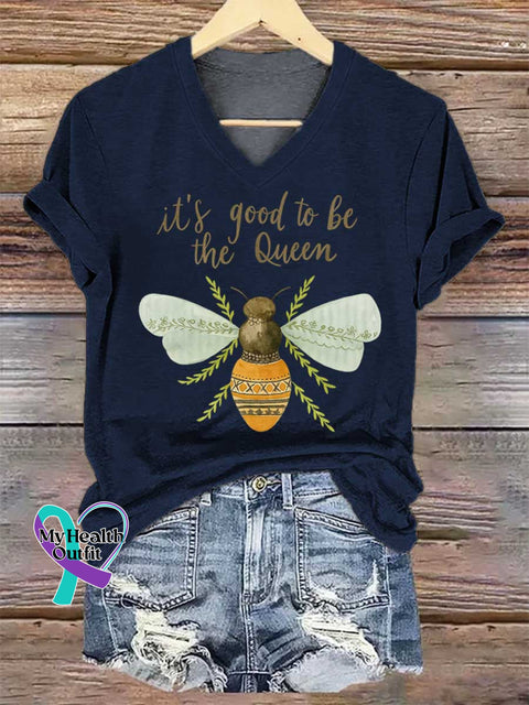 Women’s It’s Good To Be The Queen Bee Art V-neck Casual T-Shirt Blue / S