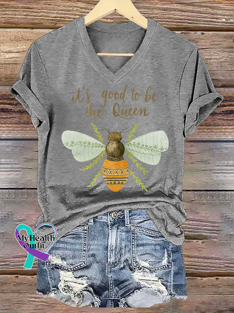 Women’s It’s Good To Be The Queen Bee Art V-neck Casual T-Shirt Grey / S