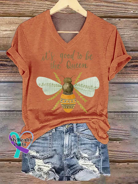 Women’s It’s Good To Be The Queen Bee Art V-neck Casual T-Shirt Orange / S