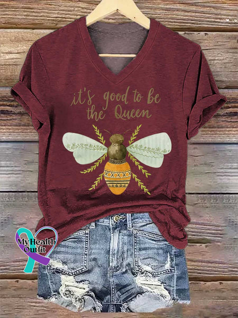 Women’s It’s Good To Be The Queen Bee Art V-neck Casual T-Shirt Red / S