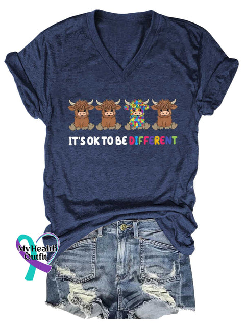 Women’s It’s Ok To Be Different Autism Awareness Different Cow Be Yourself V-neck Casual T-Shirt Blue / S