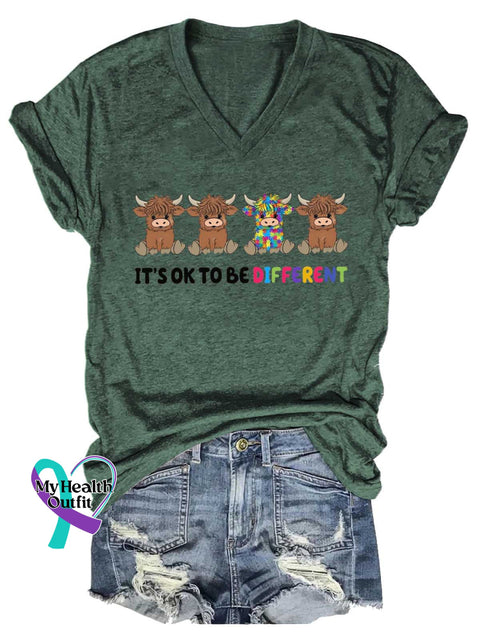 Women’s It’s Ok To Be Different Autism Awareness Different Cow Be Yourself V-neck Casual T-Shirt Green / S