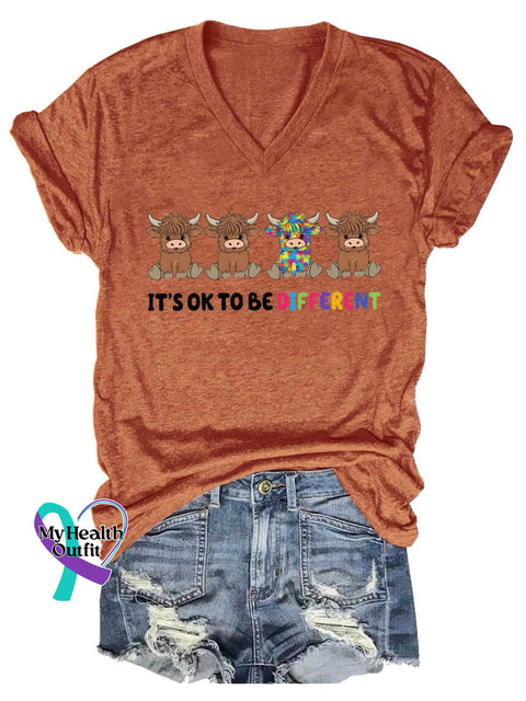 Women’s It’s Ok To Be Different Autism Awareness Different Cow Be Yourself V-neck Casual T-Shirt Orange / S