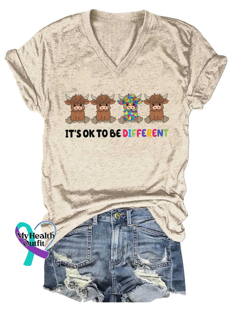 Women’s It’s Ok To Be Different Autism Awareness Different Cow Be Yourself V-neck Casual T-Shirt Sand / S