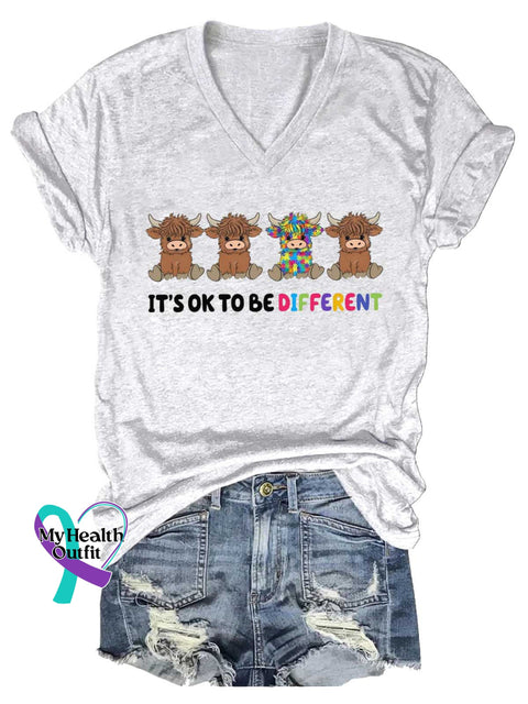 Women’s It’s Ok To Be Different Autism Awareness Different Cow Be Yourself V-neck Casual T-Shirt White / S