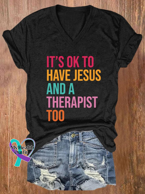Women’s It’s Ok To Have Jesus And A Therapist Print T-Shirt Black / S