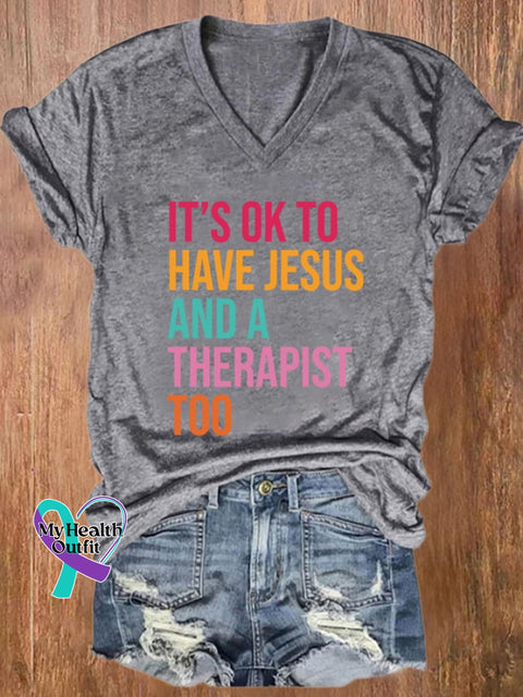 Women’s It’s Ok To Have Jesus And A Therapist Print T-Shirt Grey / S
