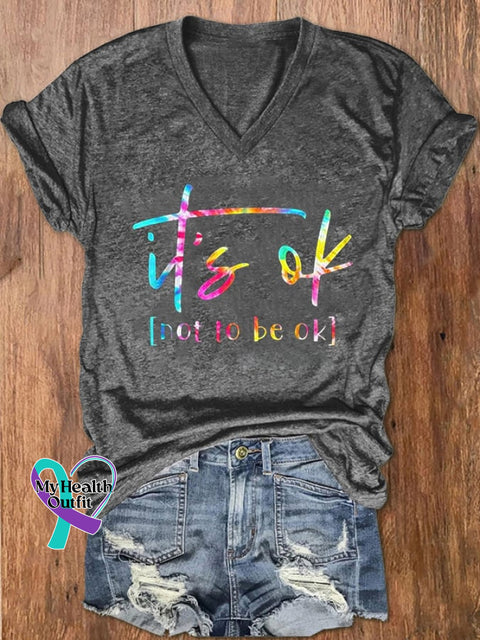 Women’s Its Ok To Not Be Okay Mental Health Awareness Print V-Neck T-Shirt Dark Grey / S