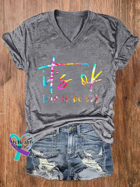 Women’s Its Ok To Not Be Okay Mental Health Awareness Print V-Neck T-Shirt Light Grey / S
