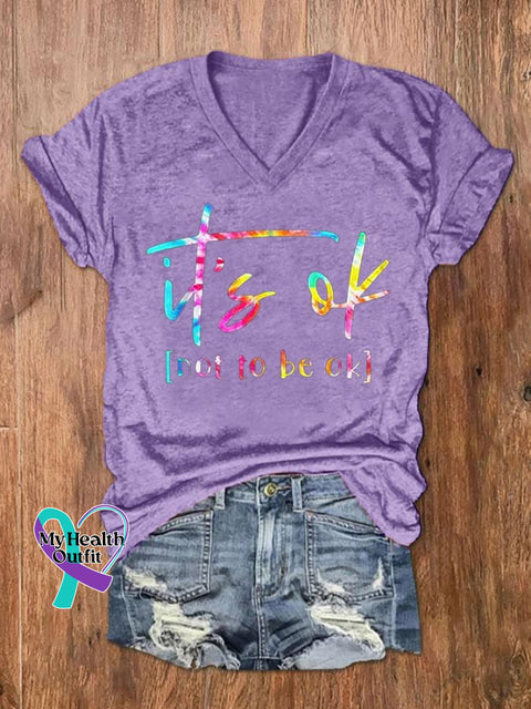 Women’s Its Ok To Not Be Okay Mental Health Awareness Print V-Neck T-Shirt Light Purple / S